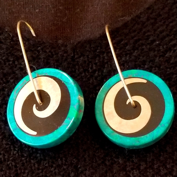 Victoria Varga Spinning Pinwheel Silver, Turquoisr & Black Hanging Earrings - Picture 7 of 9